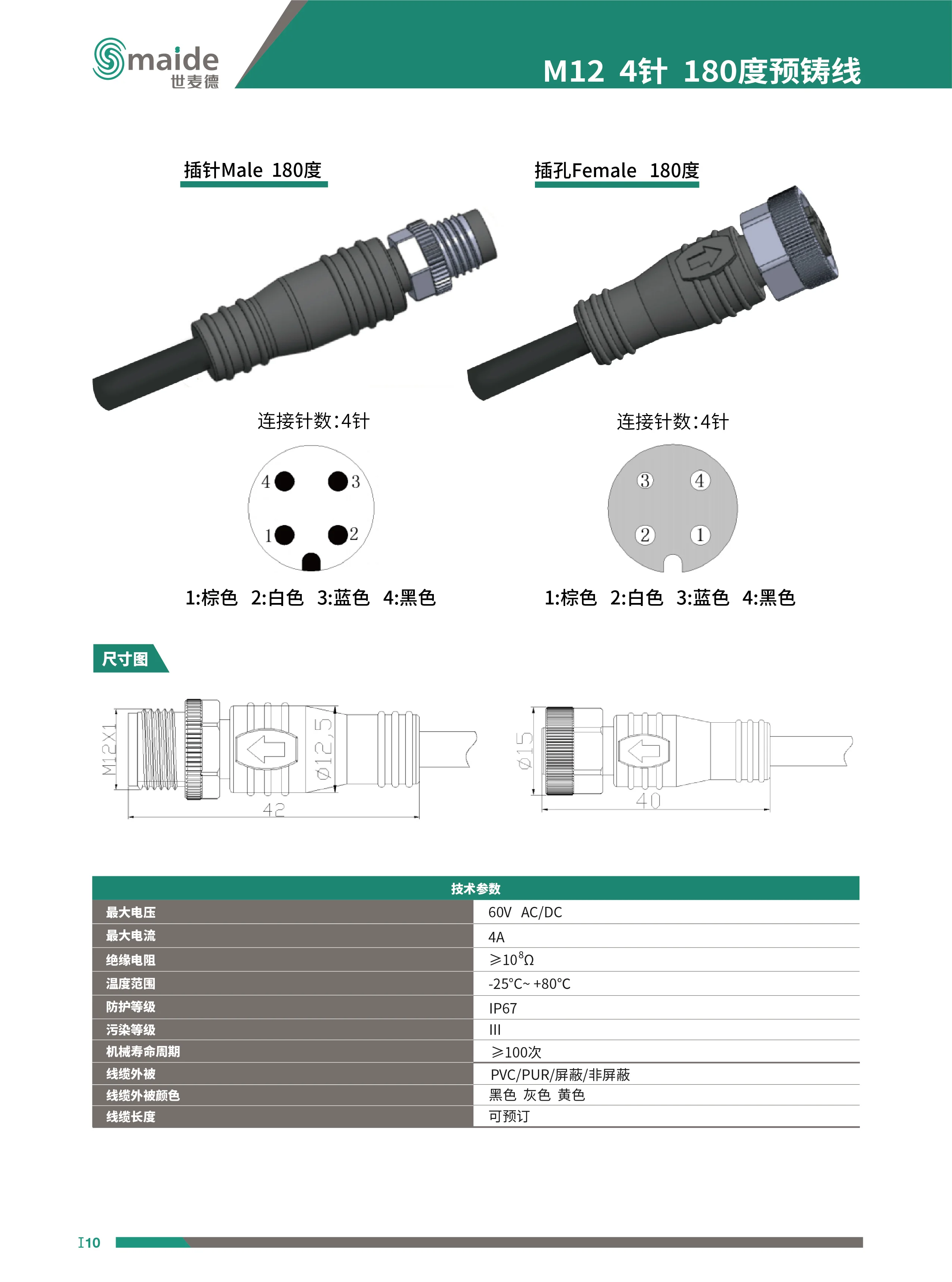 M12  4針  180度預鑄線 連接線