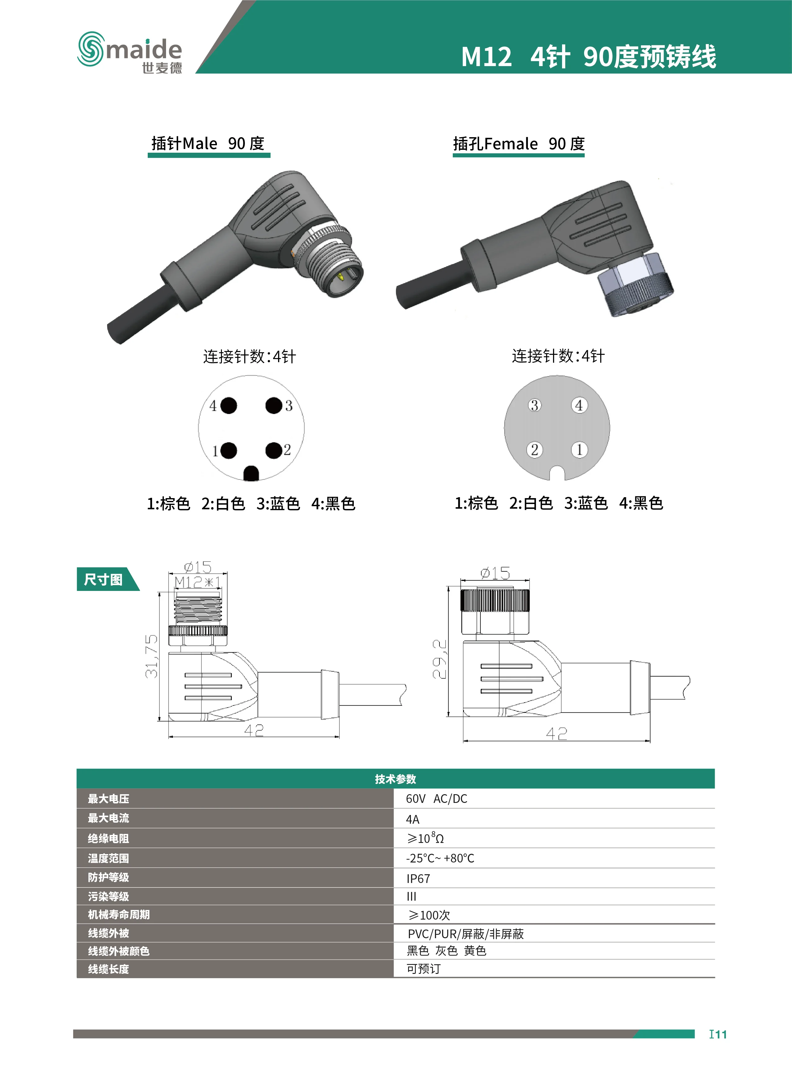 M12  4針  90度預鑄線  連接線