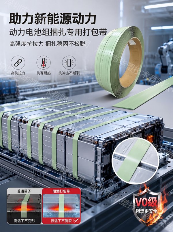 为什么电池工厂在用这款阻燃带？烧不着，点不燃，捆扎电池更安全。
