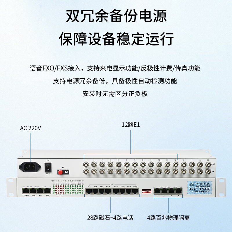 多功能綜合業(yè)務光端機 12E1+28路磁石+4路電話+4路物理隔離百兆 單纖FC 20KM