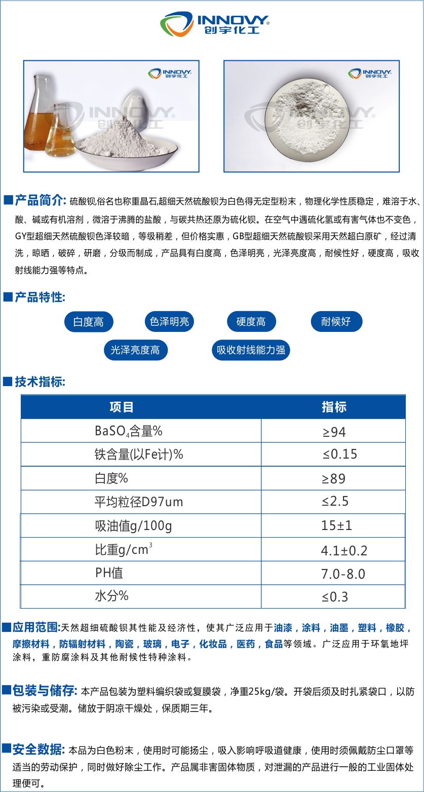 硫酸鋇俗名也稱重晶石,為白色斜方晶系晶體,超細(xì)天然硫酸鋇為白色的無定型粉末,物理化學(xué)性質(zhì)穩(wěn)定。