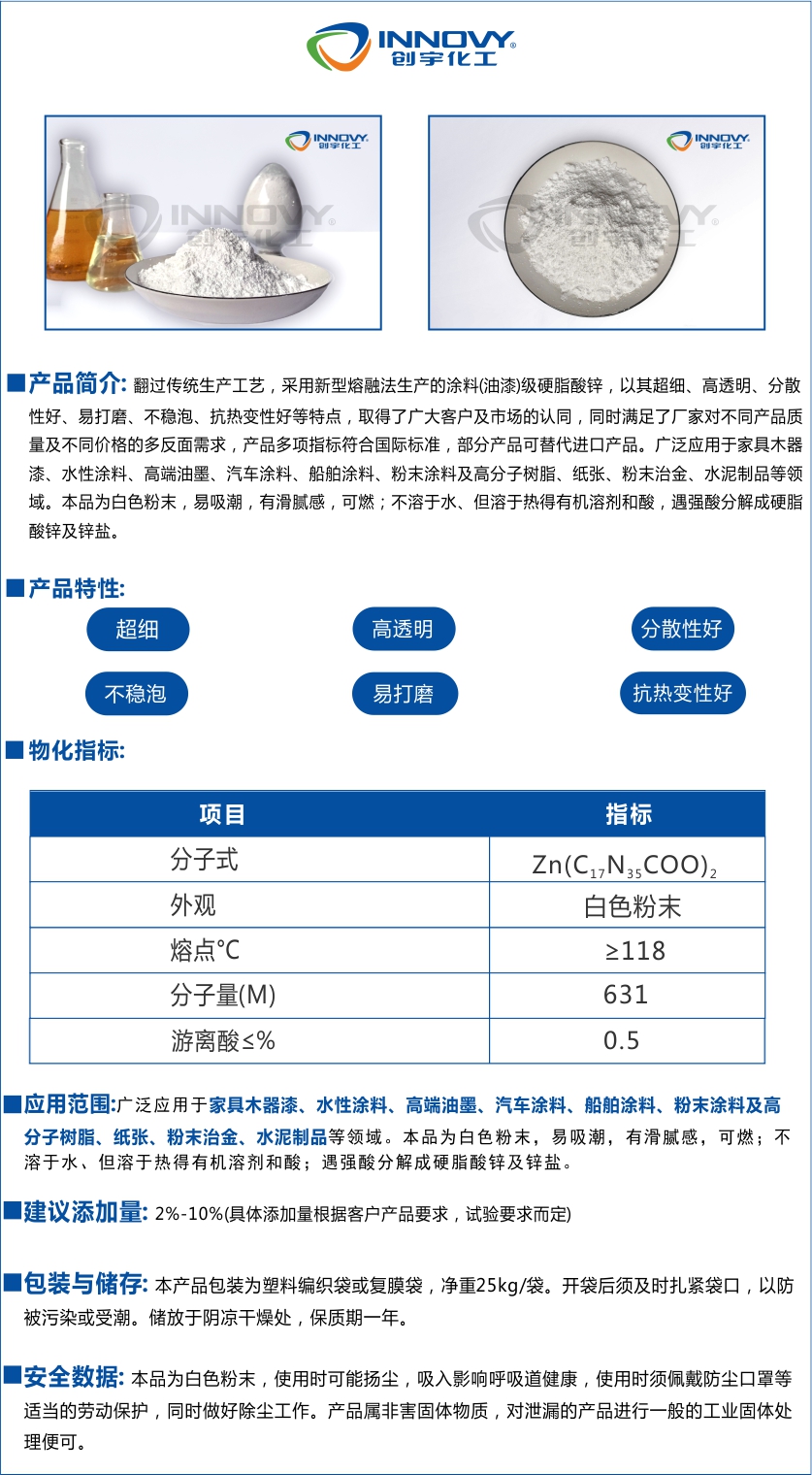 創(chuàng)宇廠家直銷5080涂料油漆硬脂酸鋅家具木器漆水性涂料油墨上海創(chuàng)宇化工新材料有限公司是一家專注研發(fā)粉體的廠家,品質(zhì)繁多,目數(shù)齊全,微細(xì)特白滑石粉,滑石粉1250目,透明粉滑石粉廠家,滑石粉800目,涂料級(jí)滑石粉廠家,油漆滑石粉廠家,高質(zhì)透明滑石粉,硬脂酸鋅廠家,硬脂酸鋅價(jià)格,涂料級(jí)硬脂酸鋅,硬脂酸鋅塑料級(jí)創(chuàng)宇一直秉承著質(zhì)量優(yōu)先,客戶至上,專業(yè)服務(wù),貢獻(xiàn)社會(huì)的企業(yè)經(jīng)營理念.有需要的朋友請(qǐng)聯(lián)系銷售熱線：021-66261448