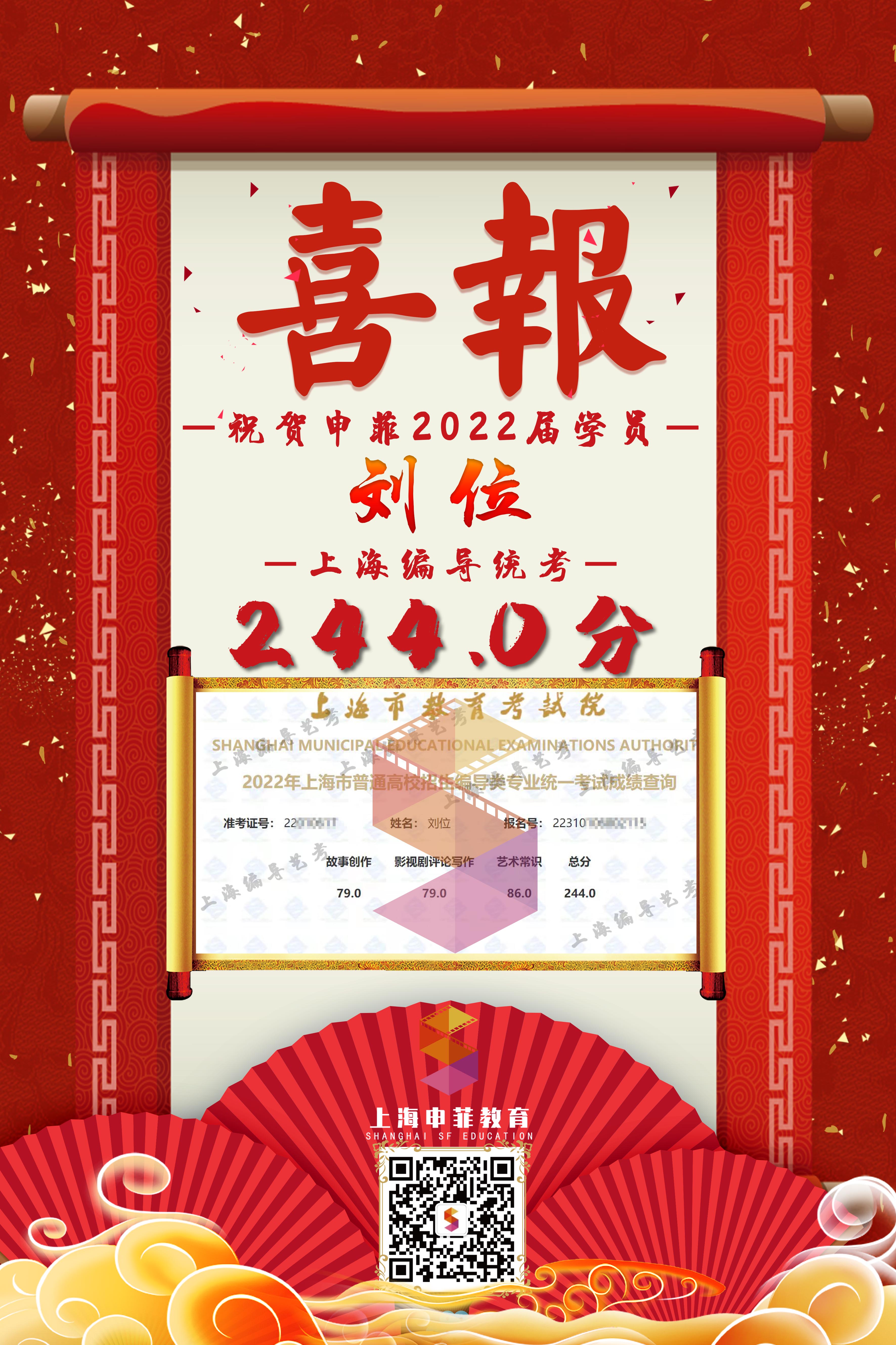 上海編導(dǎo)藝考 統(tǒng)考成績 劉位 _上海申菲教育 