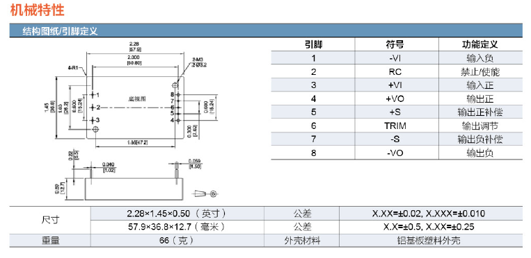 DDMQ150W軍方用電源模塊機(jī)械特性