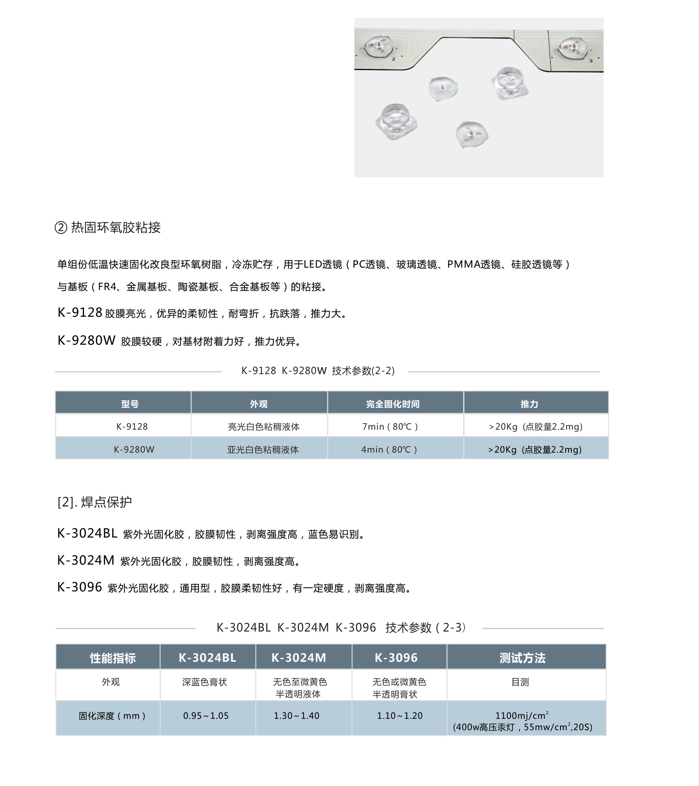 介绍了卡夫特LED背光灯条粘接密封胶/透镜和线路板的粘接/热固环氧胶粘接/K-9128、K-9280W
以及卡夫特LED背光灯条粘接密封胶/焊点保护/K-3024BL,K-3024M,K-3096 