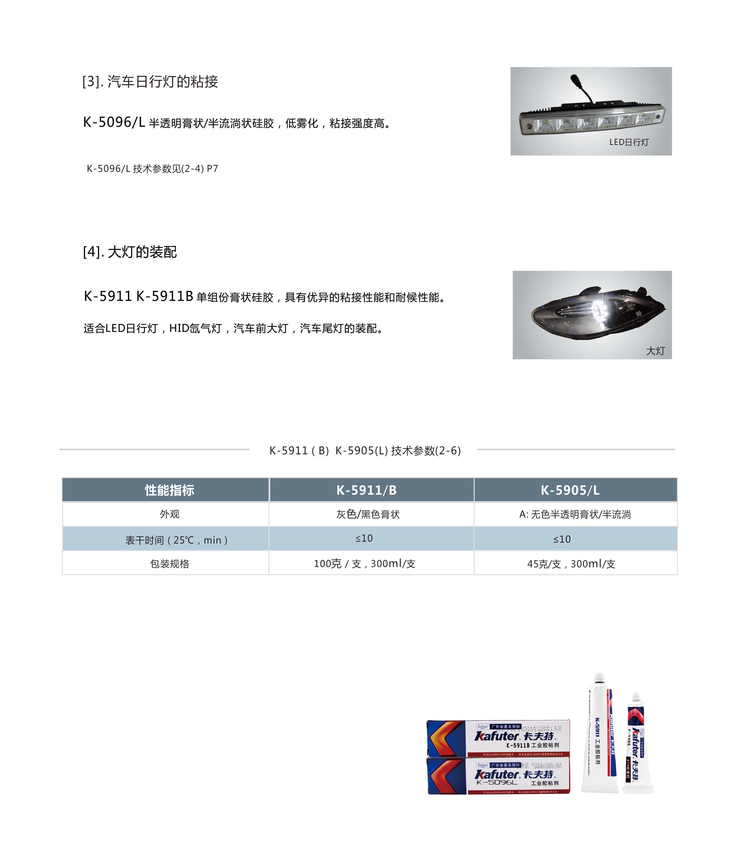 介绍了卡夫特汽车灯粘接密封胶/汽车日行灯的粘接/K-5096L
以及汽车灯粘接密封胶/大灯的装配/K-5911，K-5911B