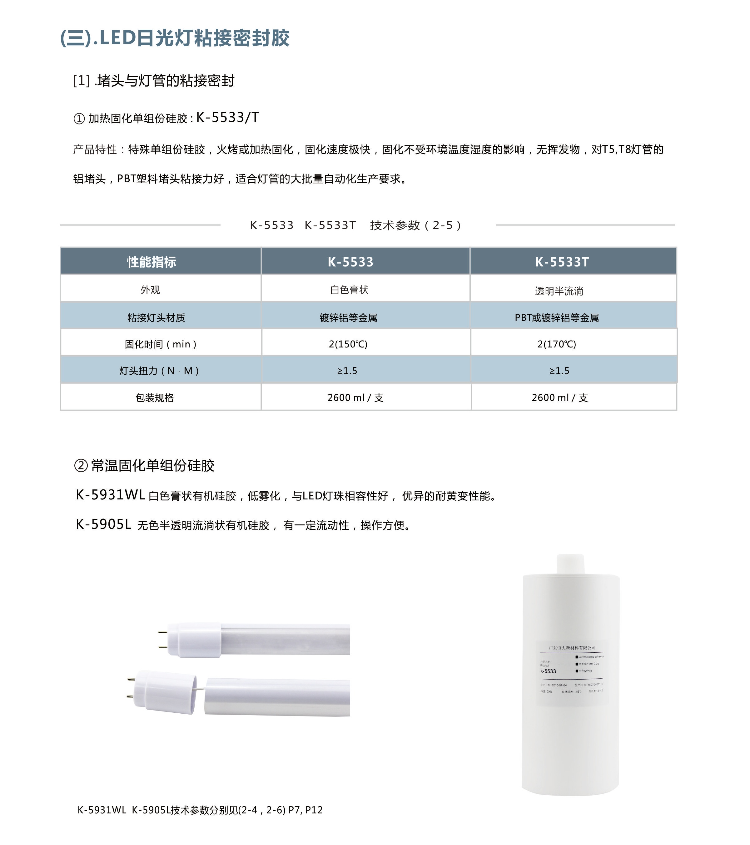 介绍了卡夫特LED日光灯粘接密封胶/堵头与灯管的粘接密封/加热固化单组份硅胶:K-5533T、常温固化单组份硅胶K-5931WL,K-5905L