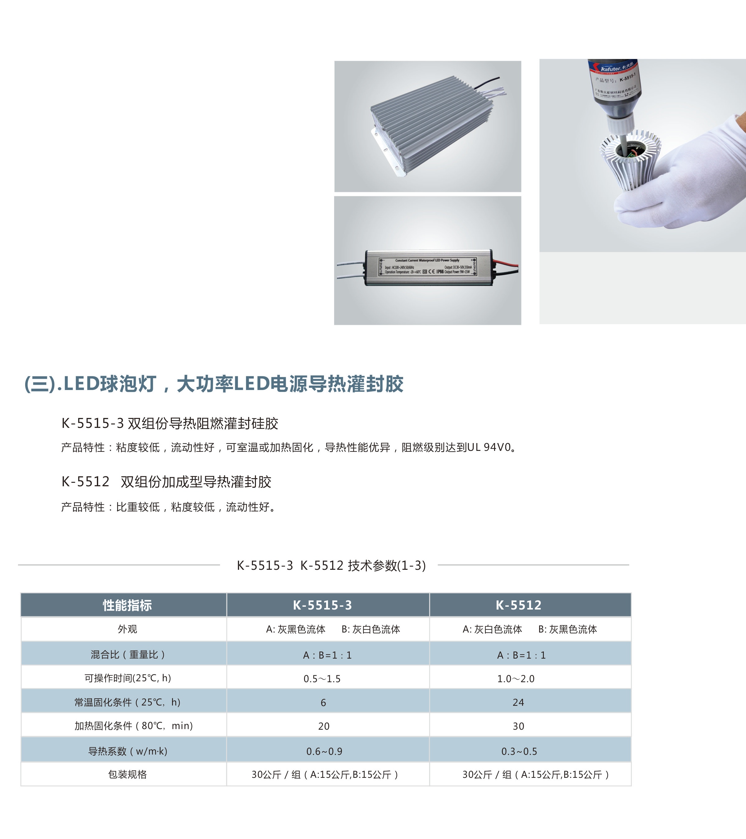 介绍卡夫特LED球泡灯，大功率LED电源导热灌封胶K-5515-3双组份导热阻燃灌封硅胶,K-5512 双组份加成型导热灌封胶