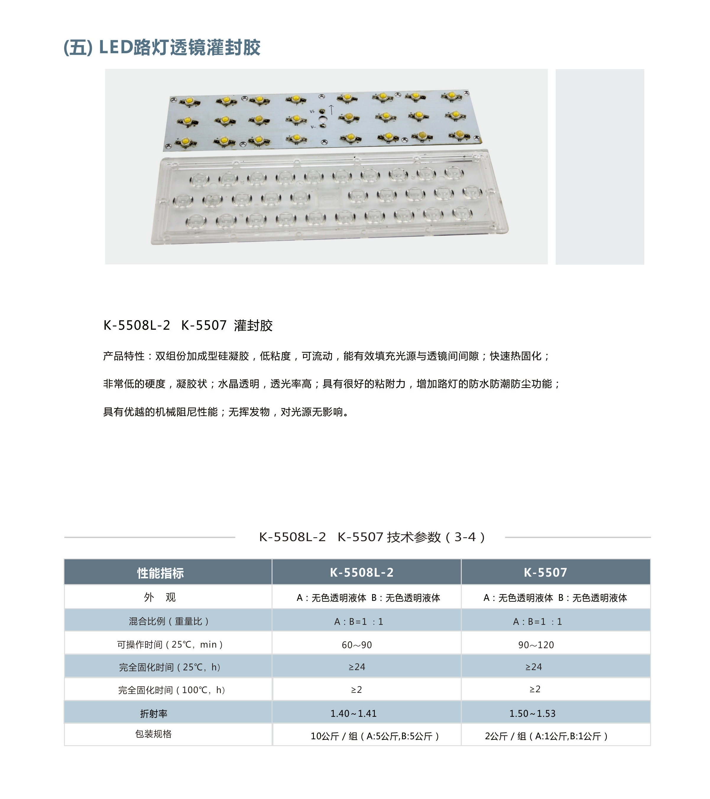 介紹了卡夫特LED路燈透鏡灌封膠K-5508L-2,K-5507 灌封膠