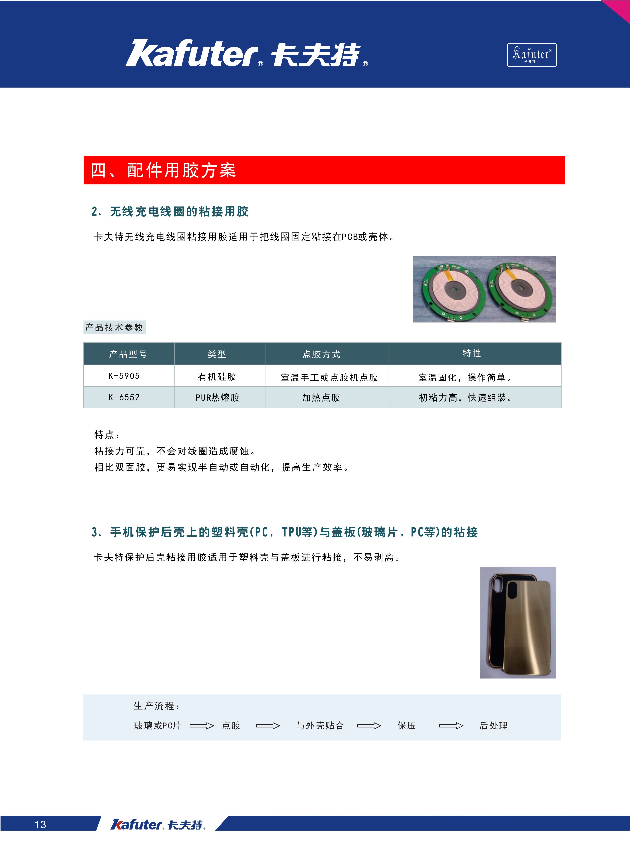 配件用胶方案
无线充电线圈的粘接用胶K-5905,K-6552
手机保护后壳上的塑料壳(PC，TPU等)与盖板(玻璃片，PC等)的粘接K-6503,K-6508,K-5707,K-84167