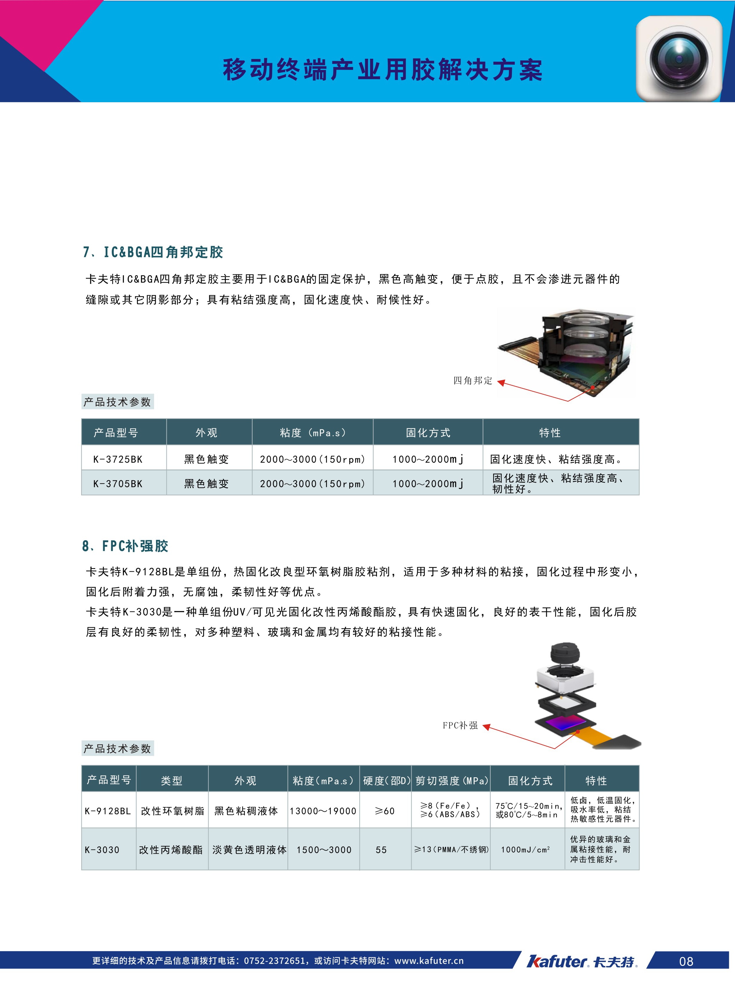 摄像头模组用胶方案
IC&BGA四角邦定胶K-3725BK,K-3705BK
FPC补强胶K-9128BL,K-3030