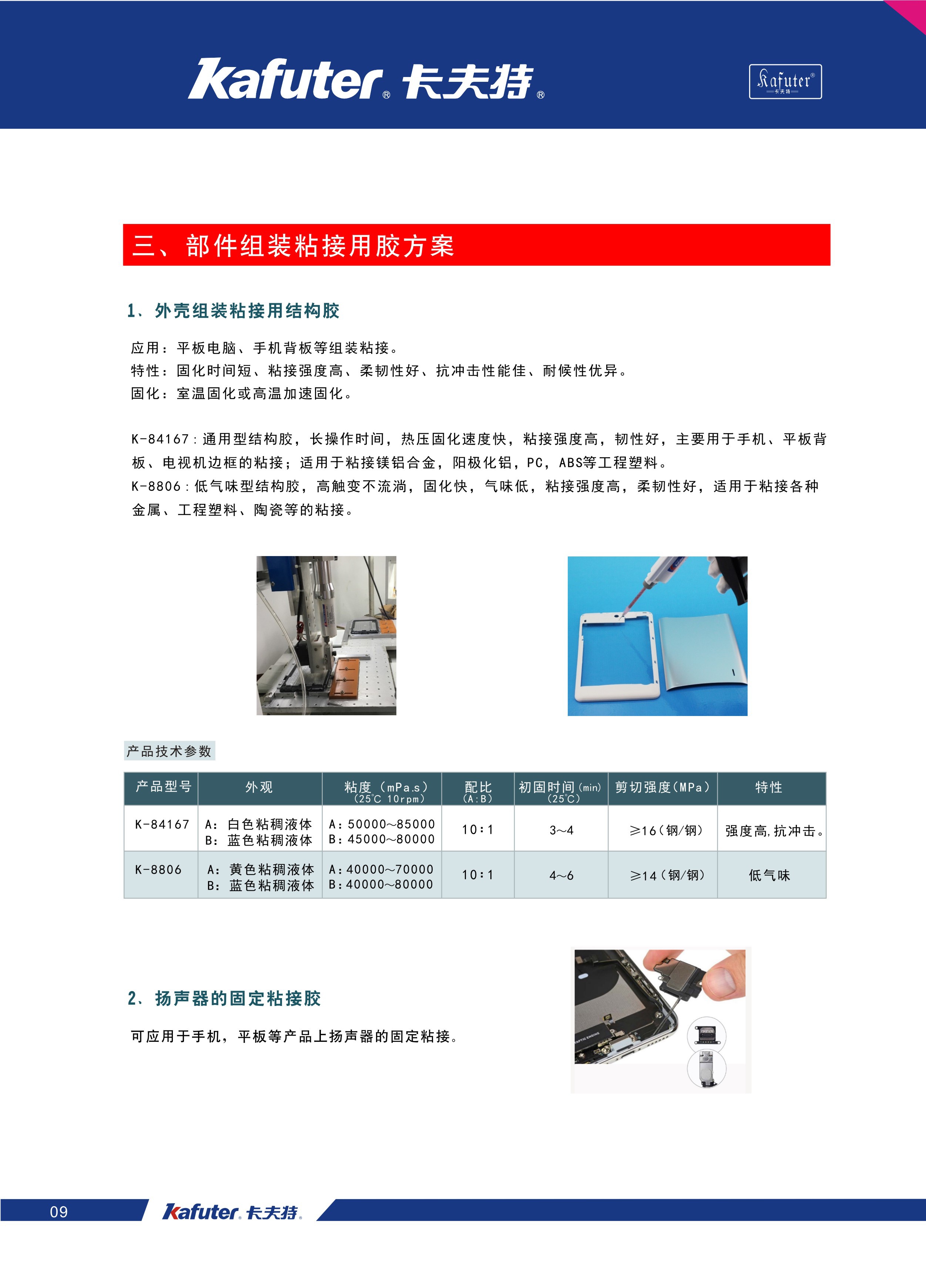 部件组装粘接用胶方案
外壳组装粘接用结构胶K-84167,K-8806
扬声器的固定粘接胶K-6504,K-6505,K-3933