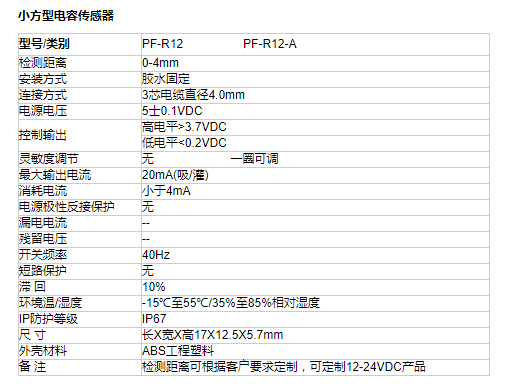 小方型電容傳感器PF-R12