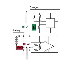 應用 NTC 熱敏電阻器的溫度檢測的二次電池和充電器的電路實例.jpg