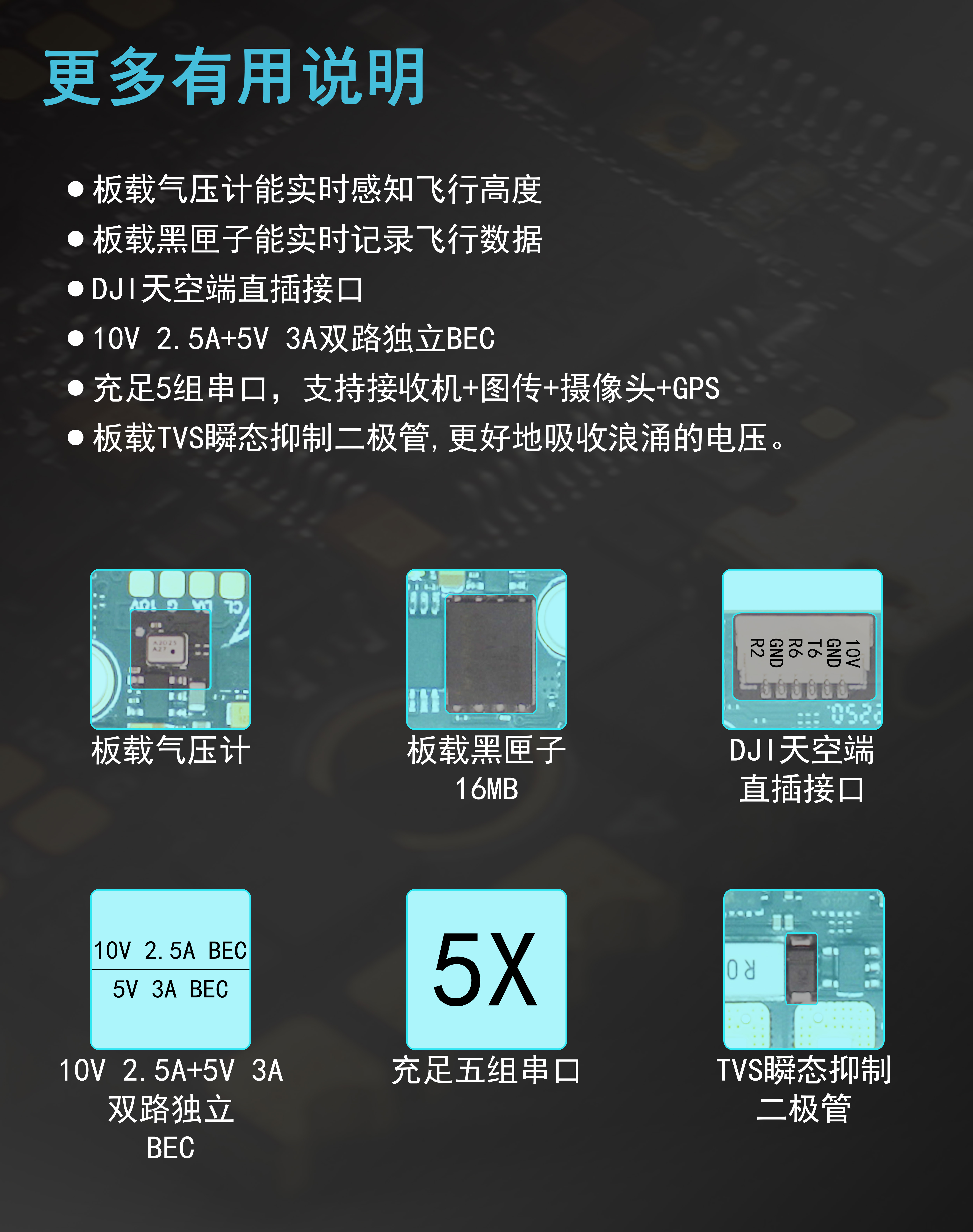 HAKRC F7220 BL32 40A AIO Flight Controller, Flight controller features: onboard barometer, black box, DJI interface, dual BEC outputs, five serial ports, and TVS diode protection.