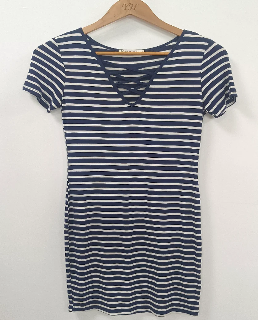 Navy White Stripe Mini Dress | Crisscross V Neck Short Sleeve Rayon Bodycon Summer Tee Dress