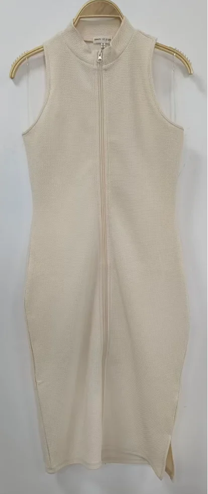 Cream Bullet Jacquard Mini Dress | Zip Stand Collar Sleeveless Side Slit Sporty Bodycon Dress