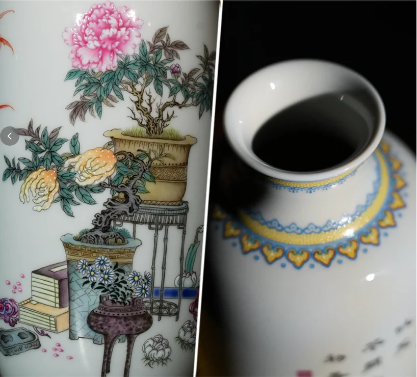 景德镇手绘粉彩瓷灯笼花瓶，博固牡丹蝙蝠纹中国风装饰花瓶，礼品及家居装饰