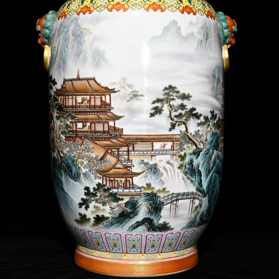 Qianlong Style Heavy Famille Rose Porcelain Vase, Hand Painted Landscape Pavilion Ceramic Floor Jar with Beast Head Ring Handles