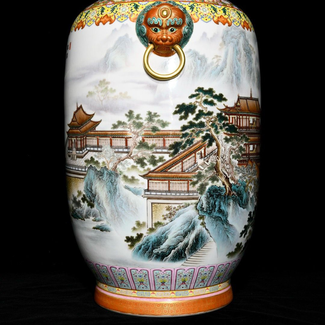 Qianlong Style Heavy Famille Rose Porcelain Vase, Hand Painted Landscape Pavilion Ceramic Floor Jar with Beast Head Ring Handles