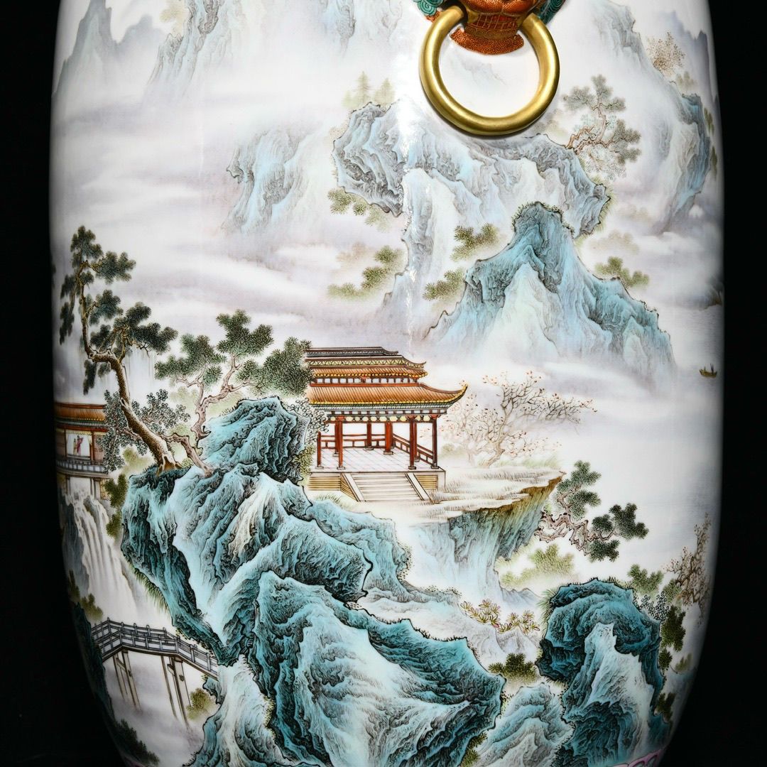 Qianlong Style Heavy Famille Rose Porcelain Vase, Hand Painted Landscape Pavilion Ceramic Floor Jar with Beast Head Ring Handles