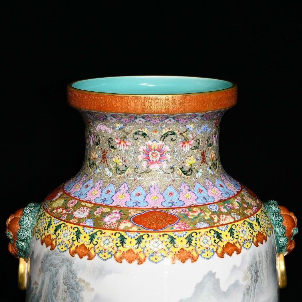 Qianlong Style Heavy Famille Rose Porcelain Vase, Hand Painted Landscape Pavilion Ceramic Floor Jar with Beast Head Ring Handles