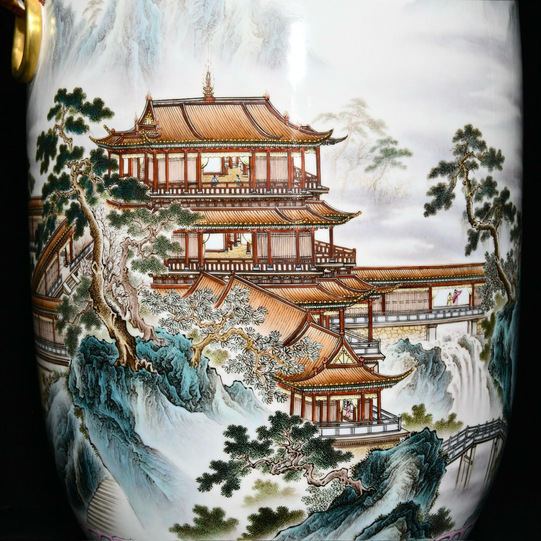 Qianlong Style Heavy Famille Rose Porcelain Vase, Hand Painted Landscape Pavilion Ceramic Floor Jar with Beast Head Ring Handles