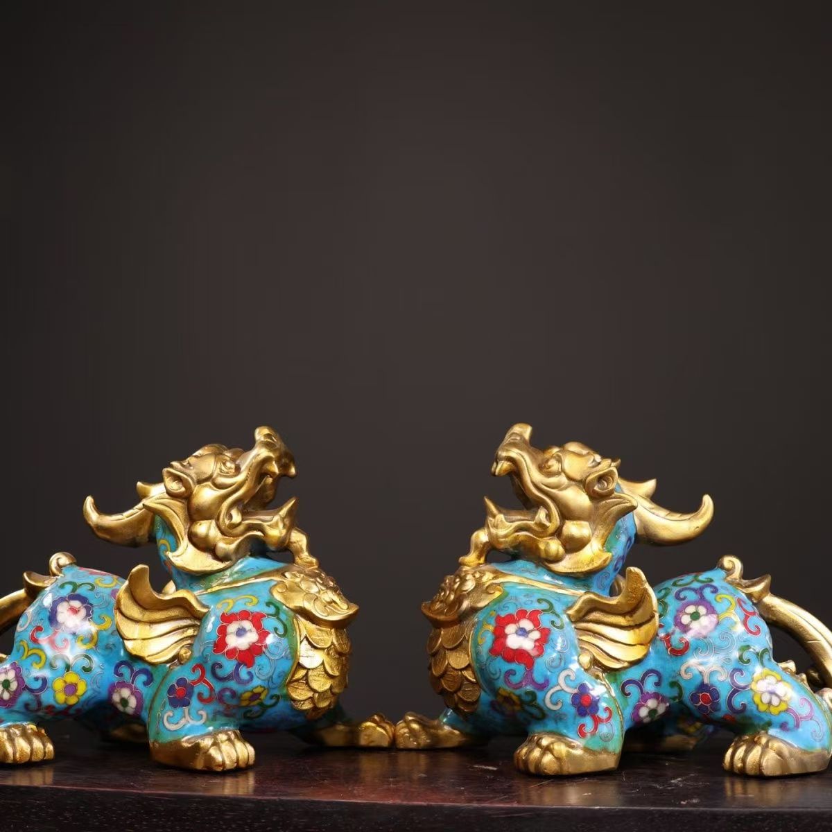 Cloisonne Brass Pixiu Pair Fu Cai Gilded Ornament, Handcrafted