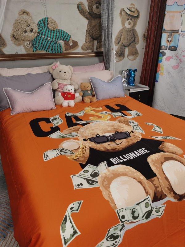 100支進(jìn)口雙股棉數(shù)碼印花四件套-大熊-桔