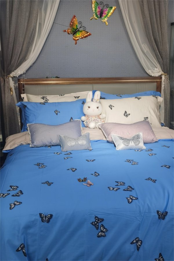 100支進(jìn)口雙股棉數(shù)碼印花四件套-蝴蝶-藍(lán)