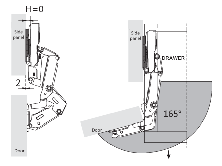 Hinge mounting sketch with 165° opening range