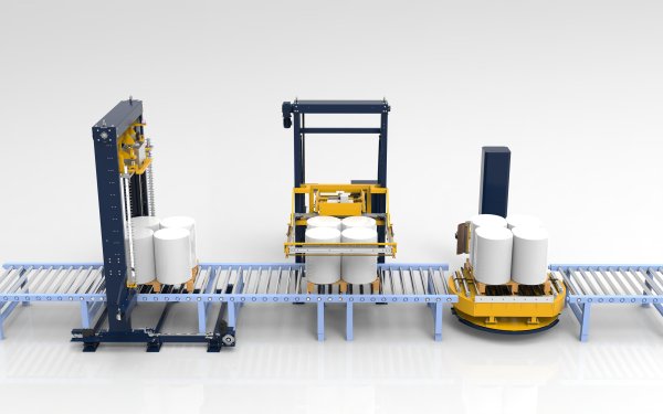 桶狀貨物托盤纏膜打包生產線