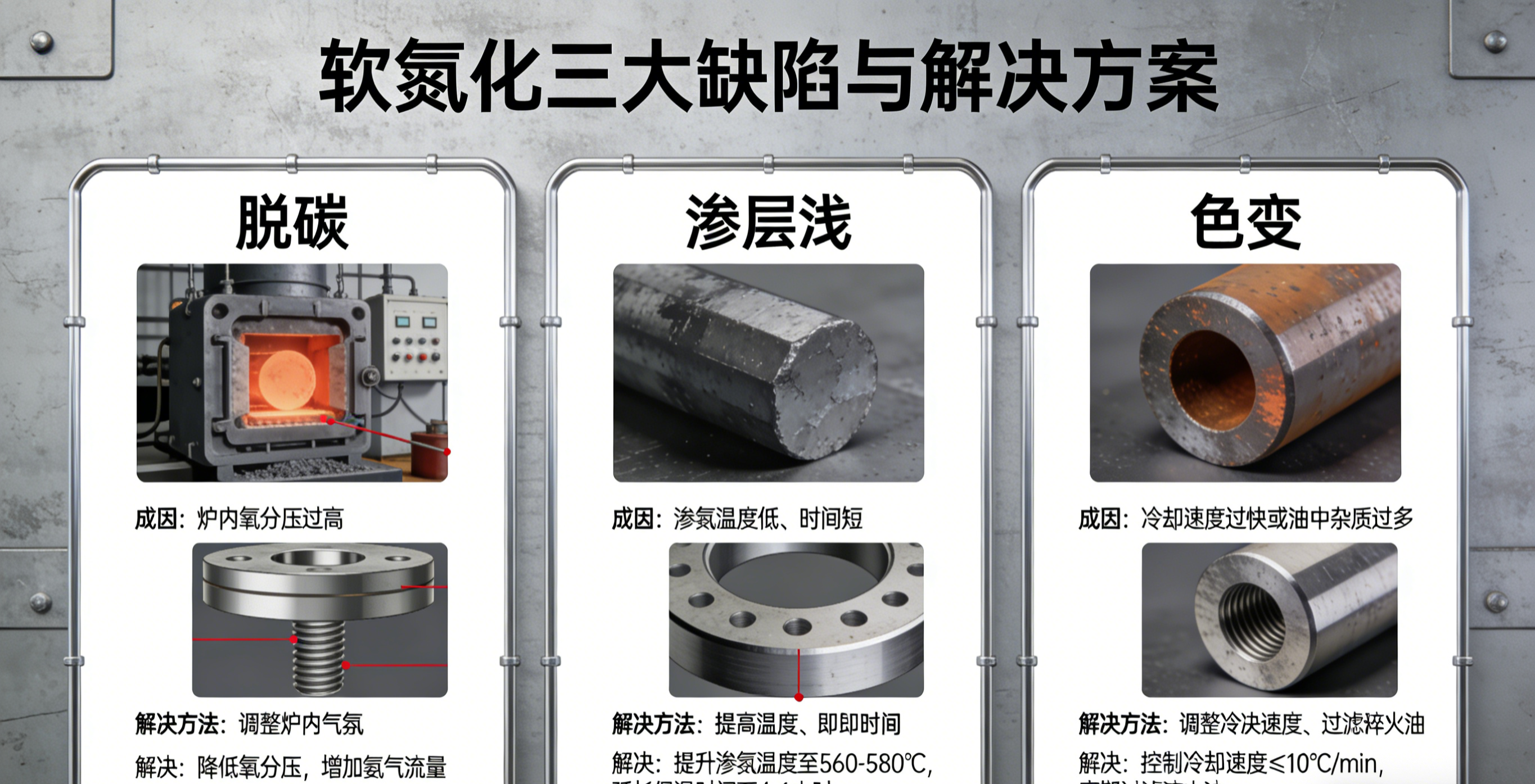 軟氮化常見(jiàn)缺陷全解析：脫碳、滲層淺、色變的綜合解決方案