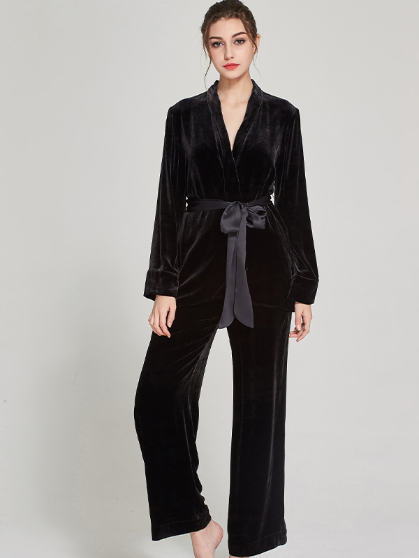 Lace-up Long-Sleeve Silk Pajama Set