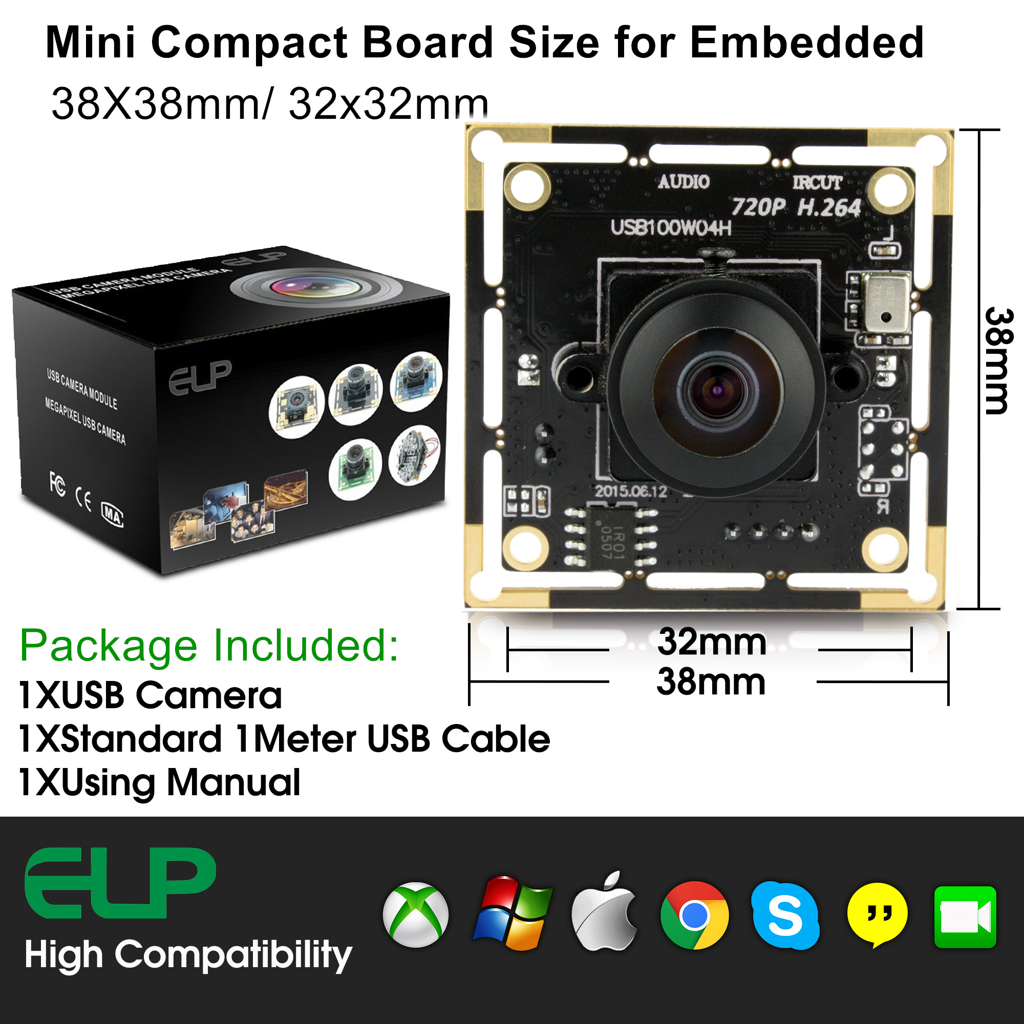 Fish Eye Camera Module ELP Wide Angle Fisheye H.264 720P 30FPS USB Camera Module with Audio