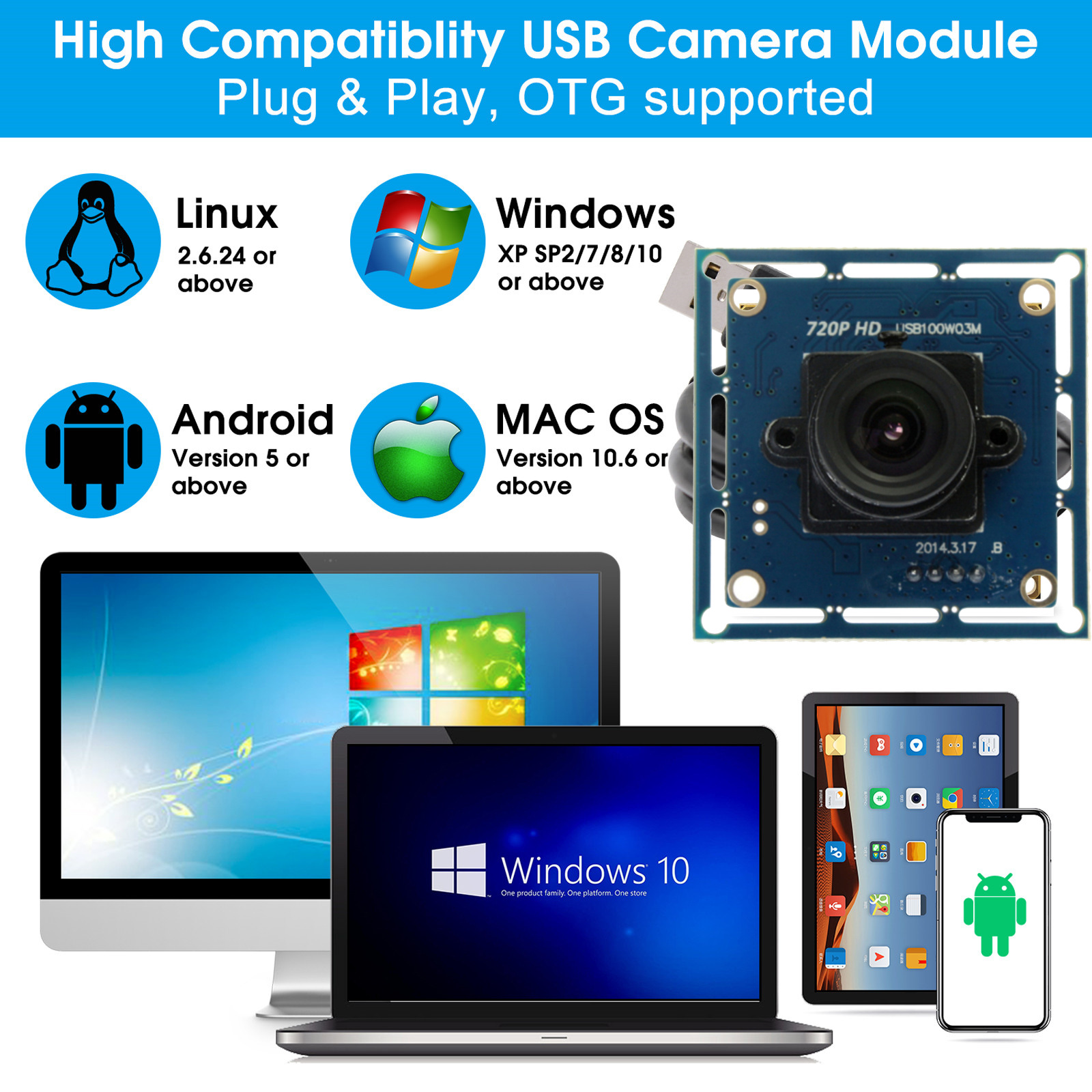 ELP USB Camera Module - 720P 30FPS CMOS for Industrial Use