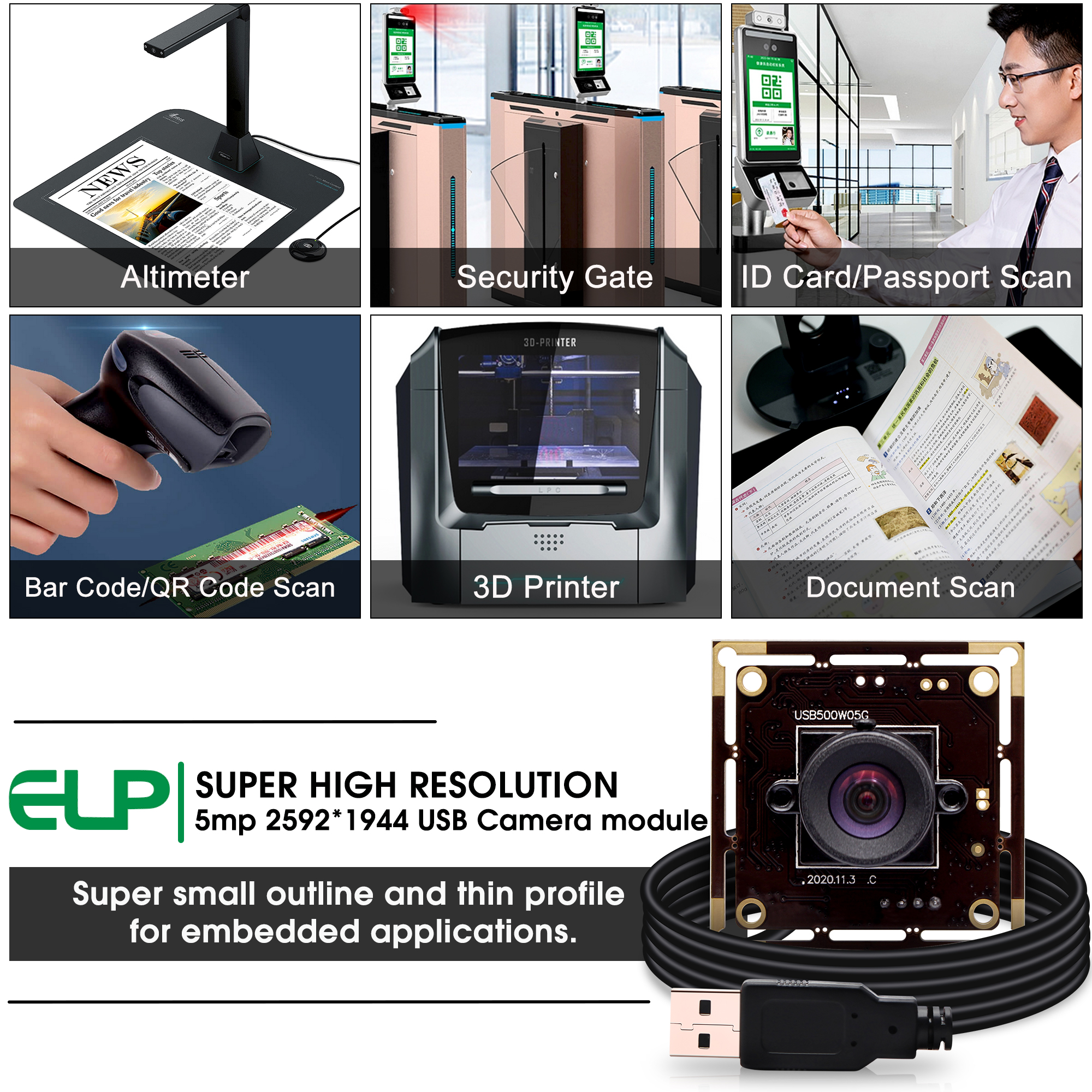ELP 5MP USB Camera Module with Aptina MI5100 Sensor & No-Distortion Lens