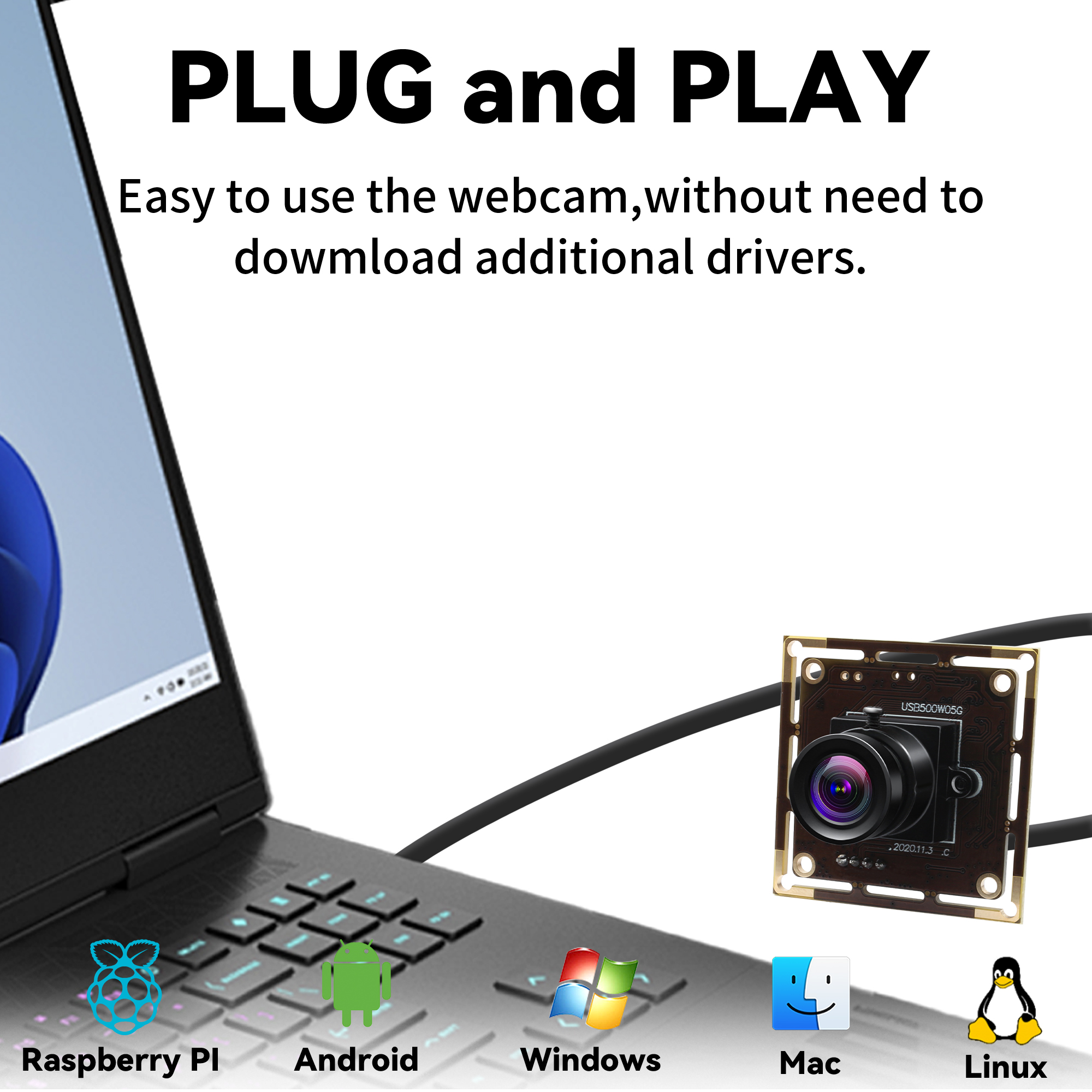 ELP 5MP High-Resolution USB Camera with 3.6mm Lens for PC & Laptop