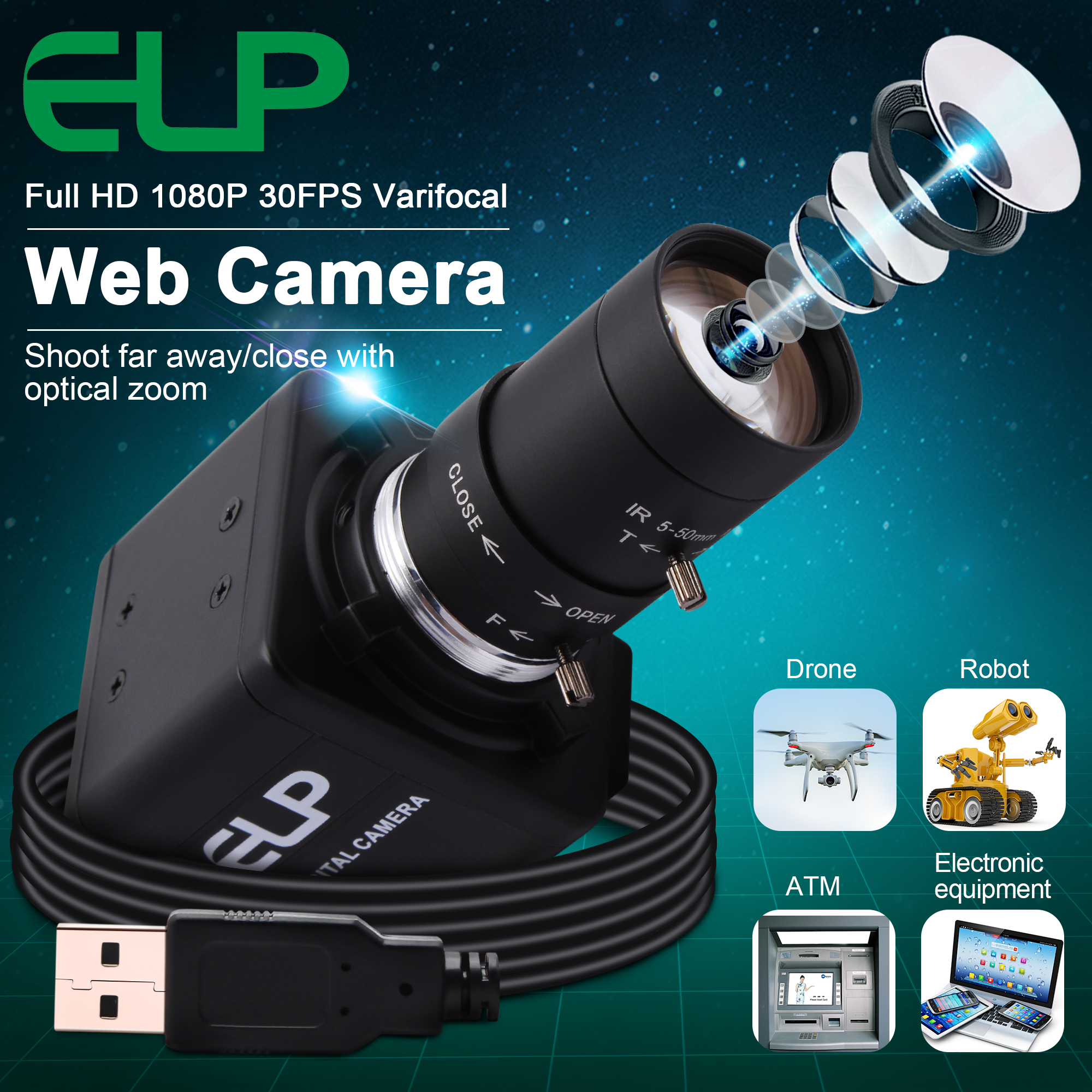 ELP 2MP 10X Zoom USB Webcam - 1080P High Speed 100fps