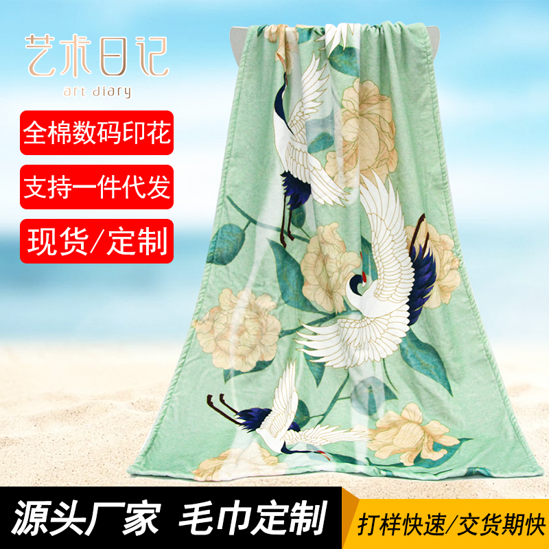 全棉數(shù)碼印花仙鶴荷花國風(fēng)浴巾