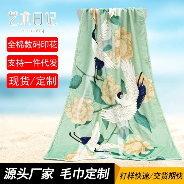 全棉數(shù)碼印花仙鶴荷花國風(fēng)浴巾