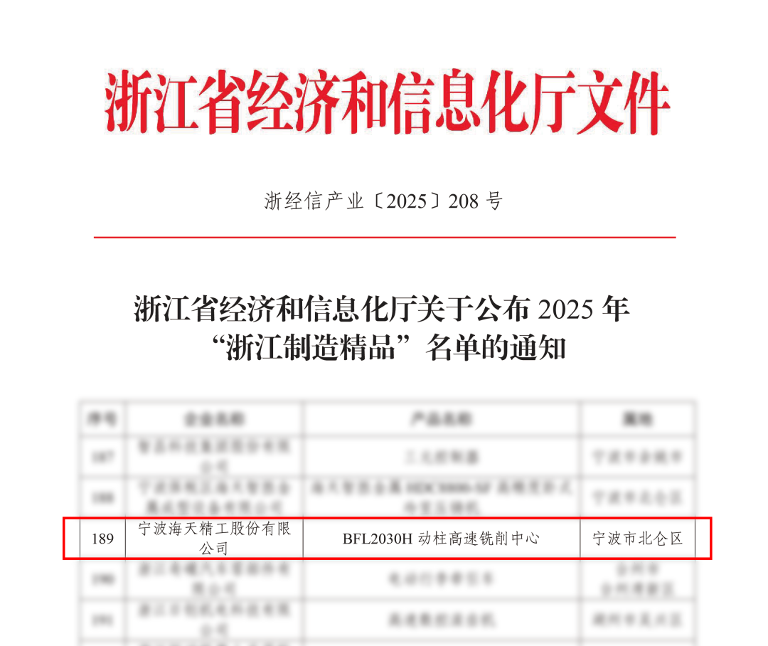 海天精工BFL2030H動柱高速銑削中心獲評2025年“浙江制造精品” 海天精工BFL2030H動柱高速銑削中心獲評2025年“浙江制造精品”