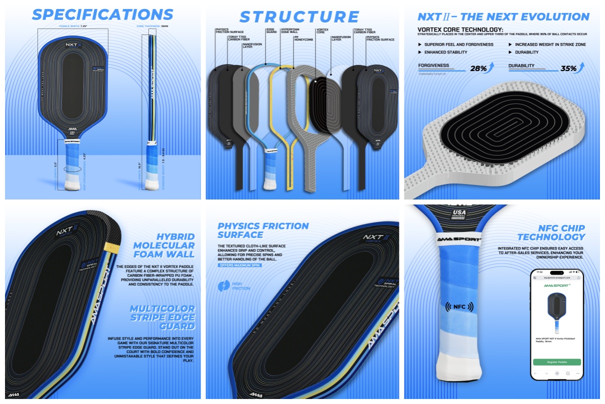 プルマモア NXT II VORTEX Pickleball Paddle-Blue-Ama Sport