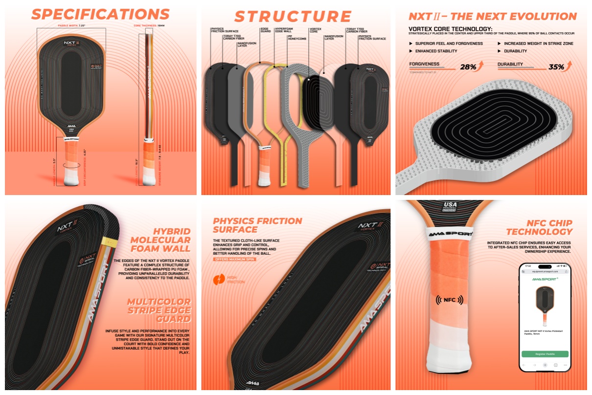 NXT II VORTEX Pickleball Paddle-Orange-Ama Sport
