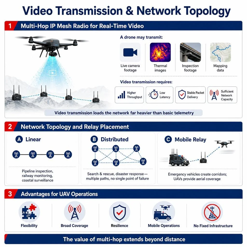 How Multi-Hop IP Mesh Radio Extends UAV Communication Range?