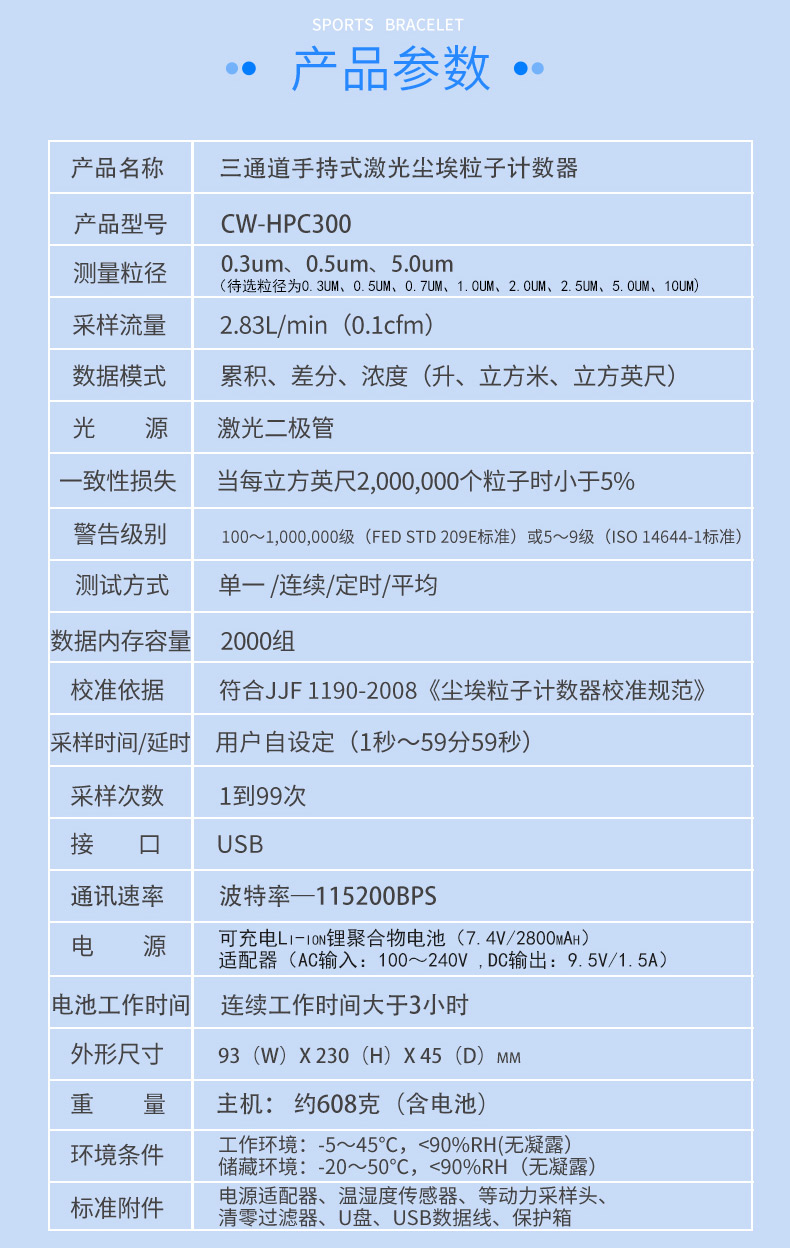 CW-HPC300 三通道高精度手持式激光尘埃粒子計數器
