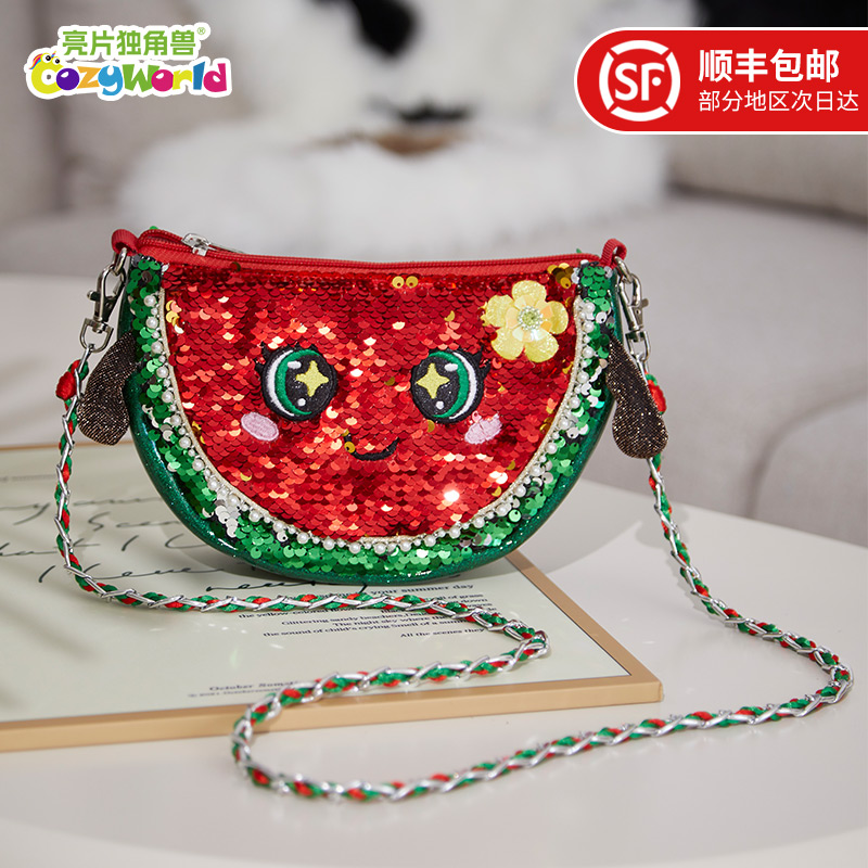 CozyWorld亮片西瓜包包女生卡通斜挎包可愛單肩包紅色鏈條包百搭