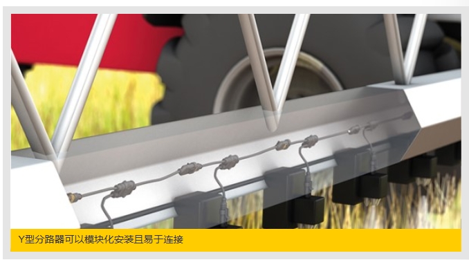 田噴霧機的配電線路

使用IP67K分路器連接CAN閥門，實現(xiàn)更快的安裝和更長的使用壽命