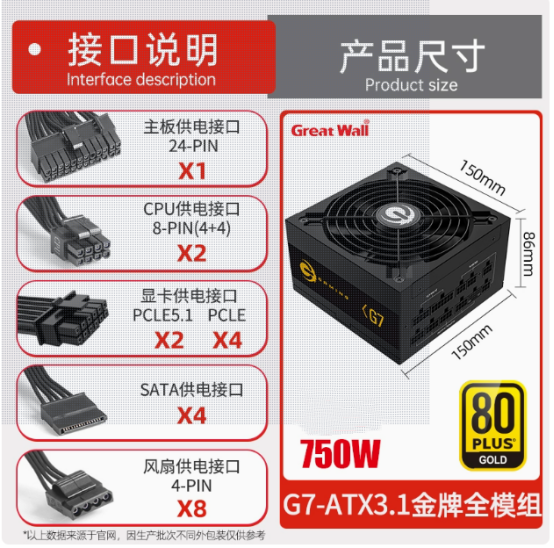 長城塔式ATX電源GW-EPS750DA(90+) 巨龍金牌模組/盒線/（每箱4個） 質保三年