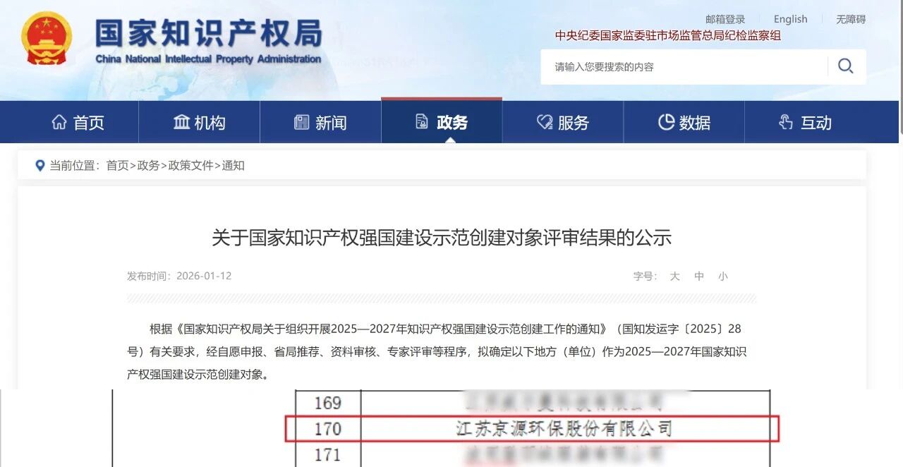 重磅！京源環(huán)保成功入選2025年度國家知識產(chǎn)權(quán)示范企業(yè)